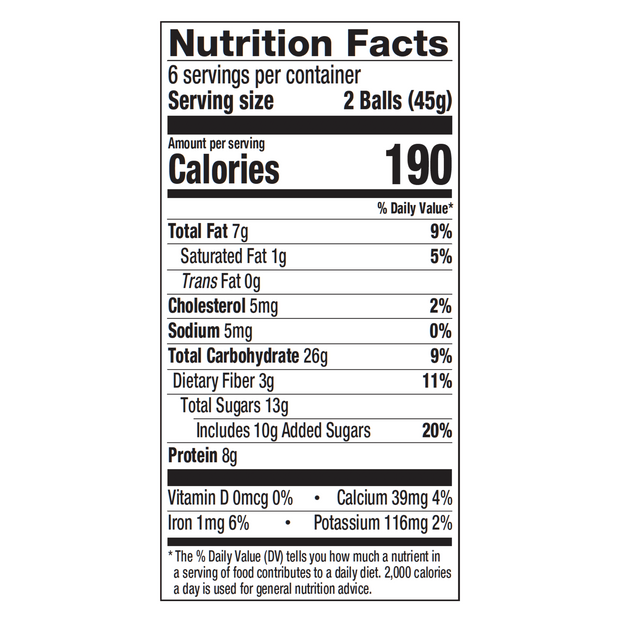 12-Pack simplyFUEL Brownie Batter Protein Balls nutrition label
