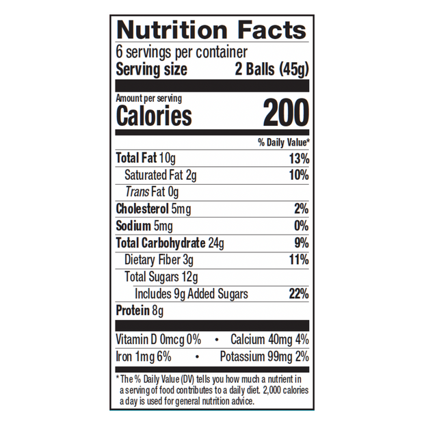 Chocolate Almond Coconut Protein Balls (12 pack) nutrition label
