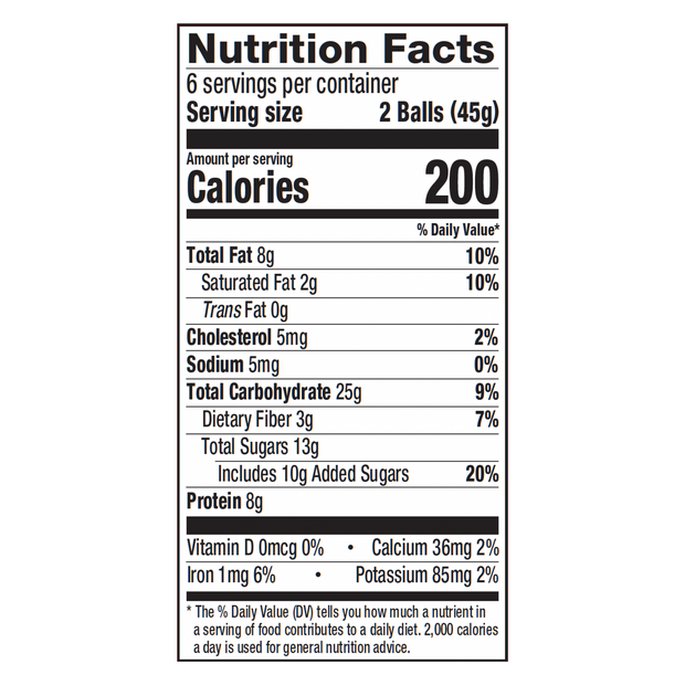 simplyFUEL Chocolate Coconut Peanut Butter Protein Balls 12 pack nutrition label